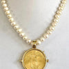 Freshwater Pearl Necklace,Reproduction French Coin,Commemorative Medal Pendant,18in Potato Pearl Necklace,Antique Bezel Coin