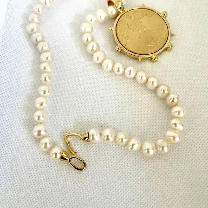 Freshwater Pearl Necklace,Reproduction French Coin,Commemorative Medal Pendant,18in Potato Pearl Necklace,Antique Bezel Coin