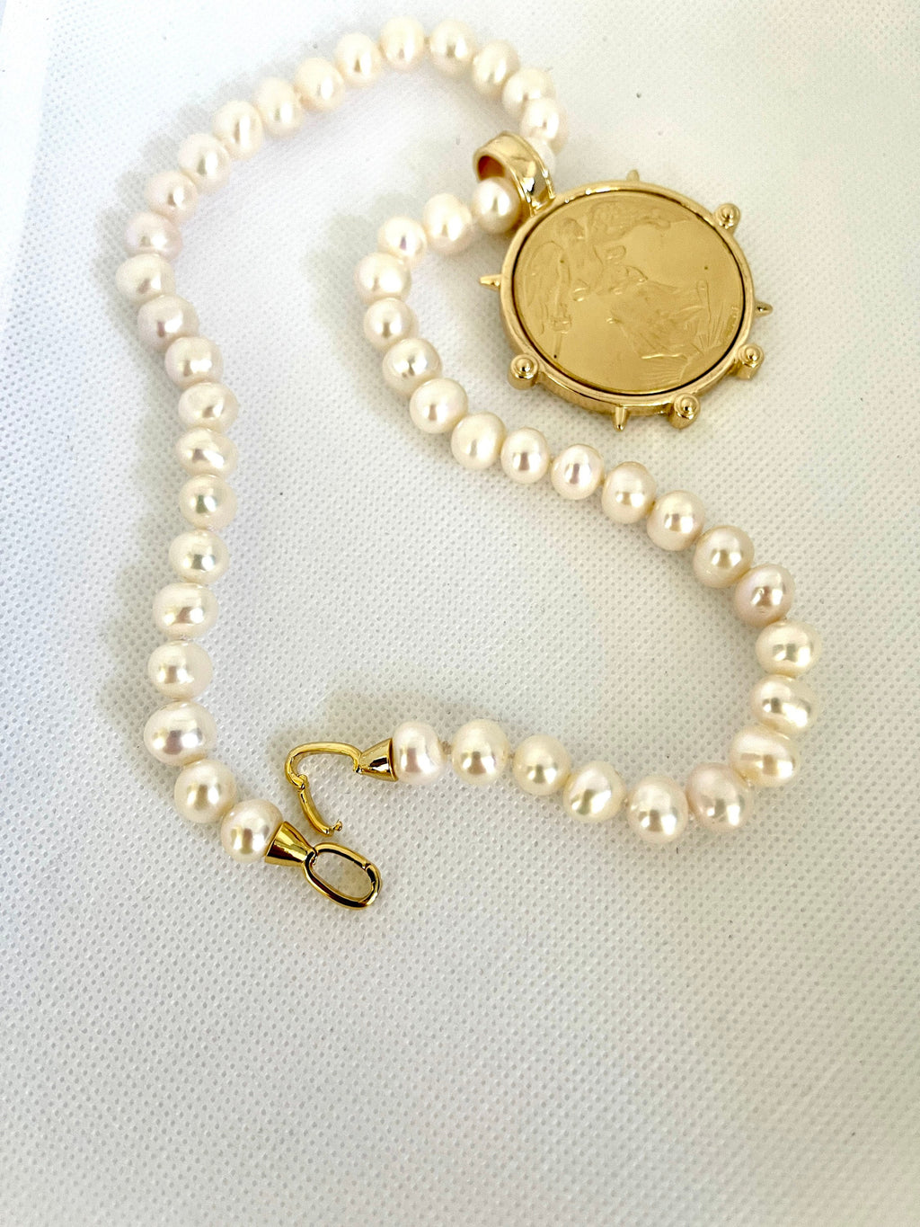 Freshwater Pearl Necklace-Gold Reproduction French Coin-Commemorative Medal- Antique Style -Spiked Bezel Pendant-Gift For Her