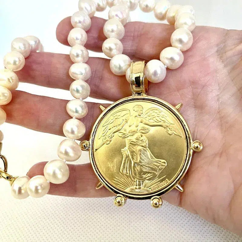 Freshwater Pearl Necklace,Reproduction French Coin,Commemorative Medal Pendant,18in Potato Pearl Necklace,Antique Bezel Coin