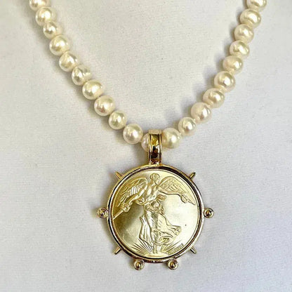 Freshwater Pearl Necklace,Reproduction French Coin,Commemorative Medal Pendant,18in Potato Pearl Necklace,Antique Bezel Coin