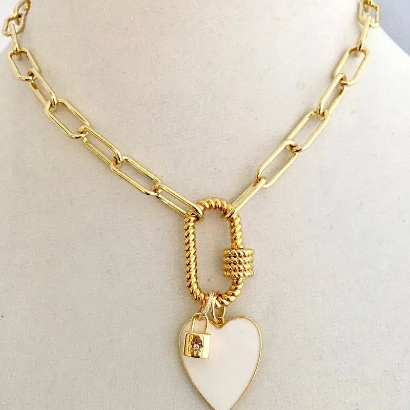 Gold Carabiner Chain Necklace-Enamel Heart Charm-Gold CZ Padlock Charm-Paperclip Link Chain-Gold Rope Carabiner Clasp-Chain Choker Necklace