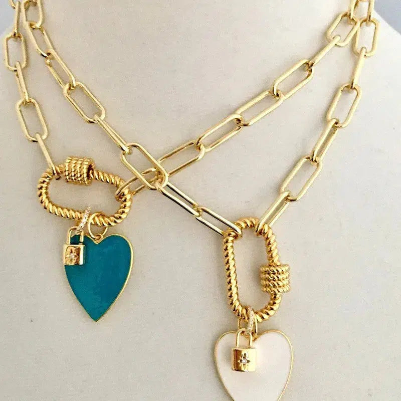 Gold Carabiner Chain Necklace-Enamel Heart Charm-Gold CZ Padlock Charm-Paperclip Link Chain-Gold Rope Carabiner Clasp-Chain Choker Necklace