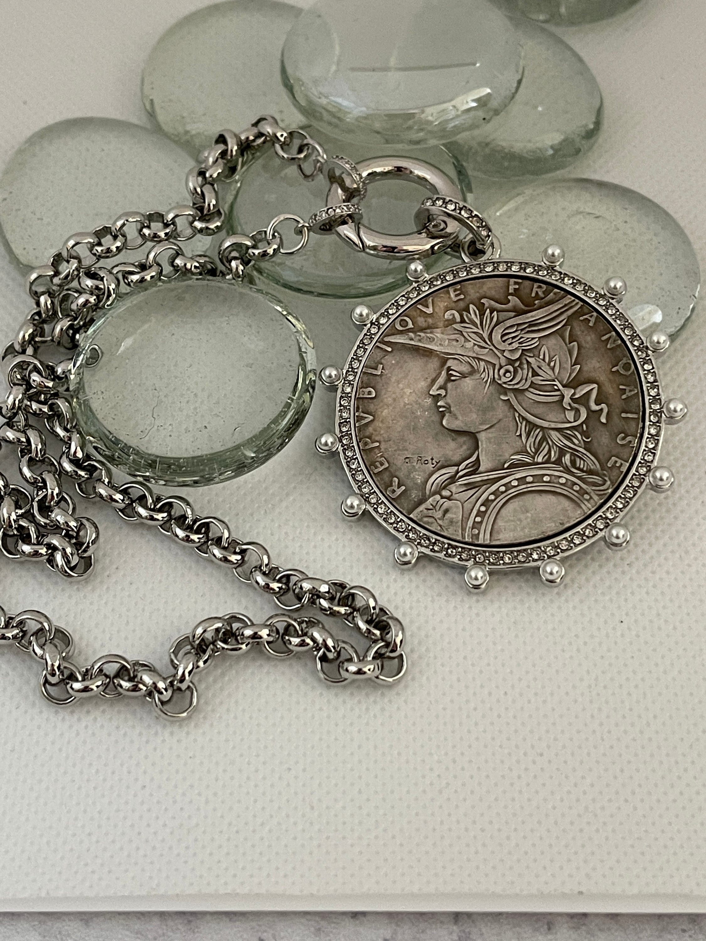 Silver Belcher Coin Necklace-Reproduction French Madagascar Medallion-Pearl Bezel Coin Pendant-Spring Lock Clasp