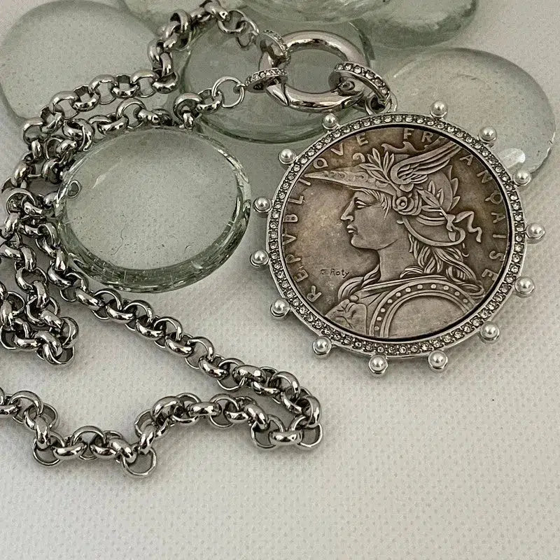 Silver Belcher Coin Necklace-Reproduction French Madagascar Medallion-Pearl Bezel Coin Pendant-Spring Lock Clasp