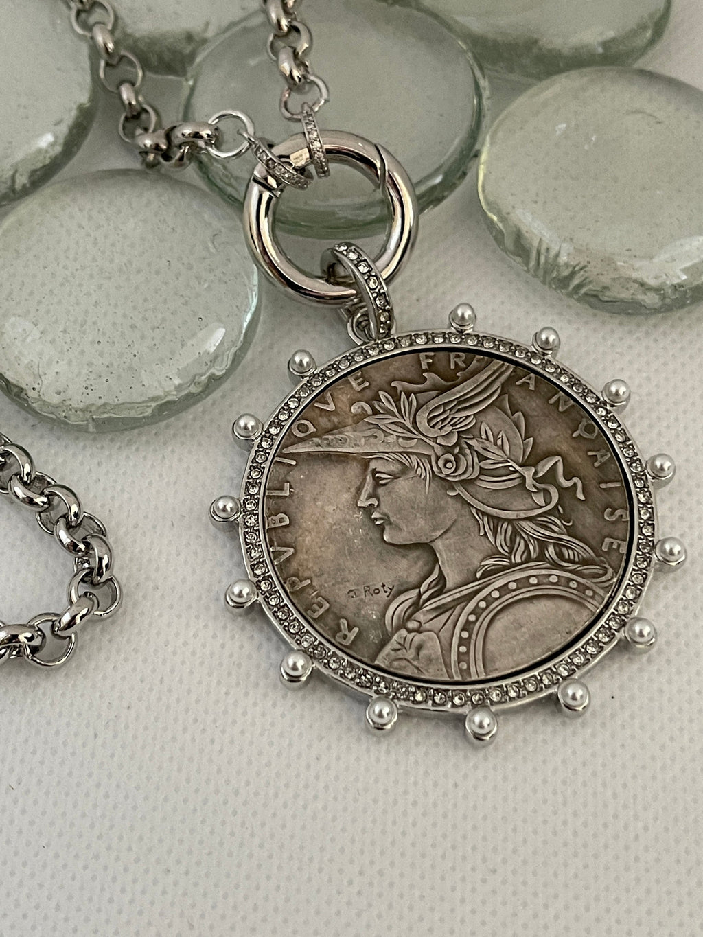 Silver Belcher Coin Necklace-Reproduction French Madagascar Medallion-Pearl Bezel Coin Pendant-Spring Lock Clasp
