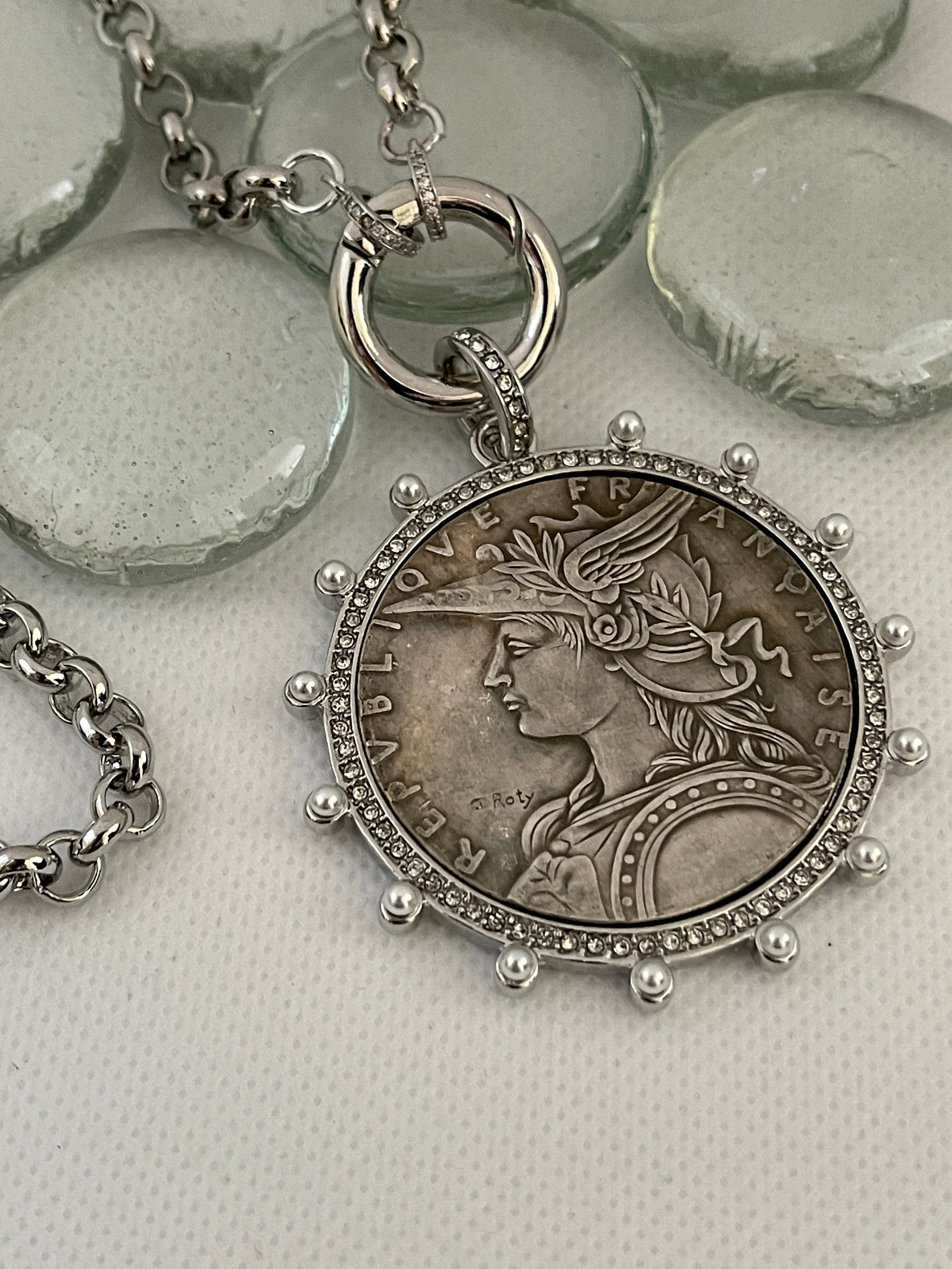 Silver Belcher Coin Necklace-Reproduction French Madagascar Medallion-Pearl Bezel Coin Pendant-Spring Lock Clasp