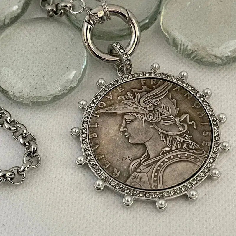 Silver Belcher Coin Necklace-Reproduction French Madagascar Medallion-Pearl Bezel Coin Pendant-Spring Lock Clasp