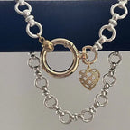 Satin Silver Chain Necklace-Gold Carabiner- Spring Ring Clasp-CZ Lattice Heart Pendant-Mixed Metal-Minimalist Style-Gift For Her