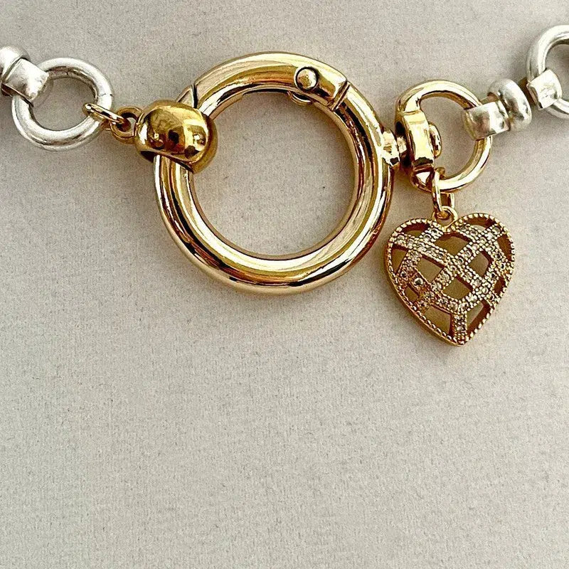 Satin Silver Chain Necklace-Gold Carabiner- Spring Ring Clasp-CZ Lattice Heart Pendant-Mixed Metal-Minimalist Style-Gift For Her