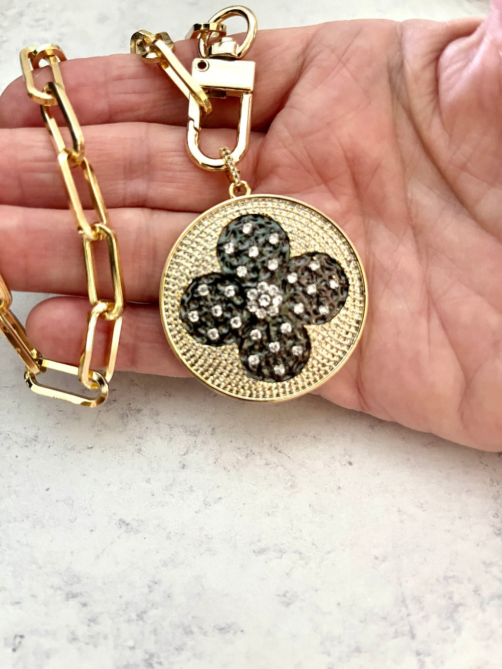 Gold Paperclip Chain Necklace-Large CZ Micro Pave Clover Pendant-Cubic Zirconia Clover Medallion-Gold Spring Lock Clasp- Aesthetic Necklace