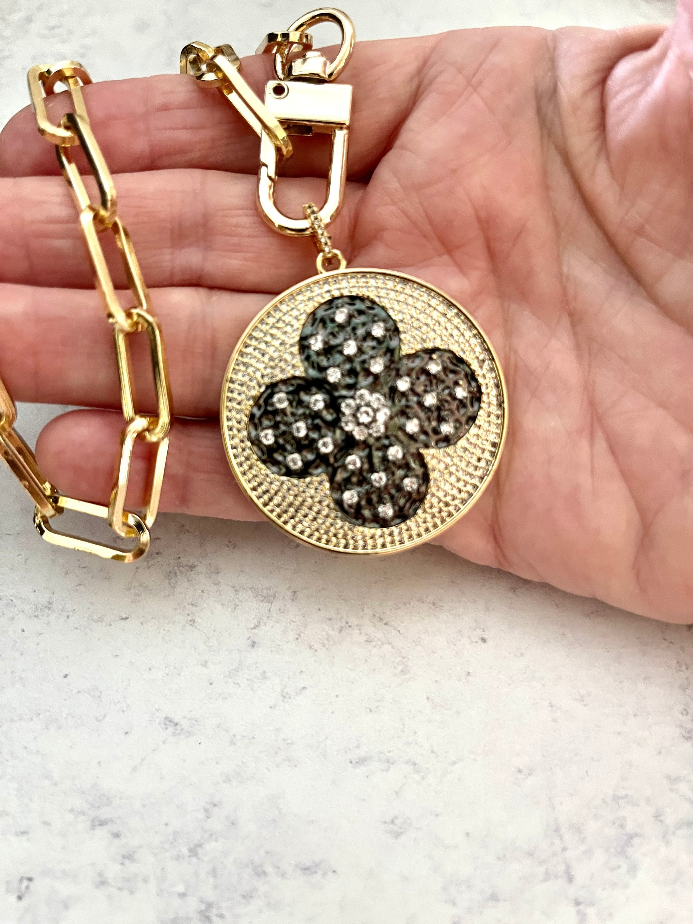 Gold Paperclip Chain Necklace-Large CZ Micro Pave Clover Pendant-Cubic Zirconia Clover Medallion-Gold Spring Lock Clasp- Aesthetic Necklace