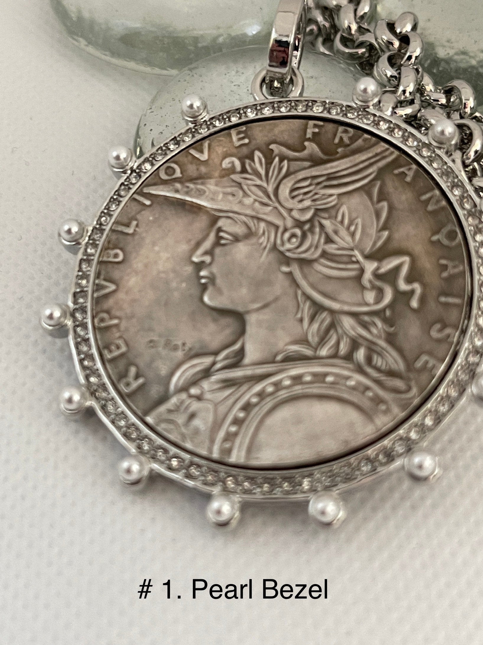 Silver Belcher Coin Necklace-Reproduction French Madagascar Medallion-Pearl Bezel Coin Pendant-Spring Lock Clasp