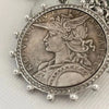 Silver Belcher Coin Necklace-Reproduction French Madagascar Medallion-Pearl Bezel Coin Pendant-Spring Lock Clasp