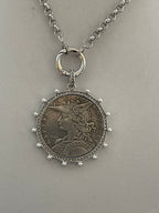 Silver Belcher Coin Necklace-Reproduction French Madagascar Medallion-Pearl Bezel Coin Pendant-Spring Lock Clasp