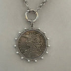 Silver Belcher Coin Necklace-Reproduction French Madagascar Medallion-Pearl Bezel Coin Pendant-Spring Lock Clasp
