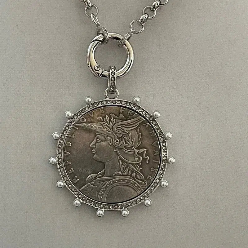 Silver Belcher Coin Necklace-Reproduction French Madagascar Medallion-Pearl Bezel Coin Pendant-Spring Lock Clasp