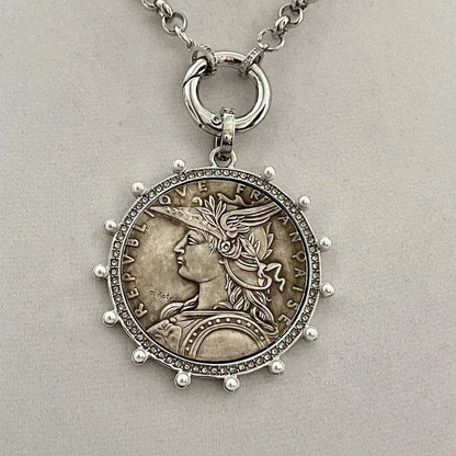 Silver Belcher Coin Necklace-Reproduction French Madagascar Medallion-Pearl Bezel Coin Pendant-Spring Lock Clasp