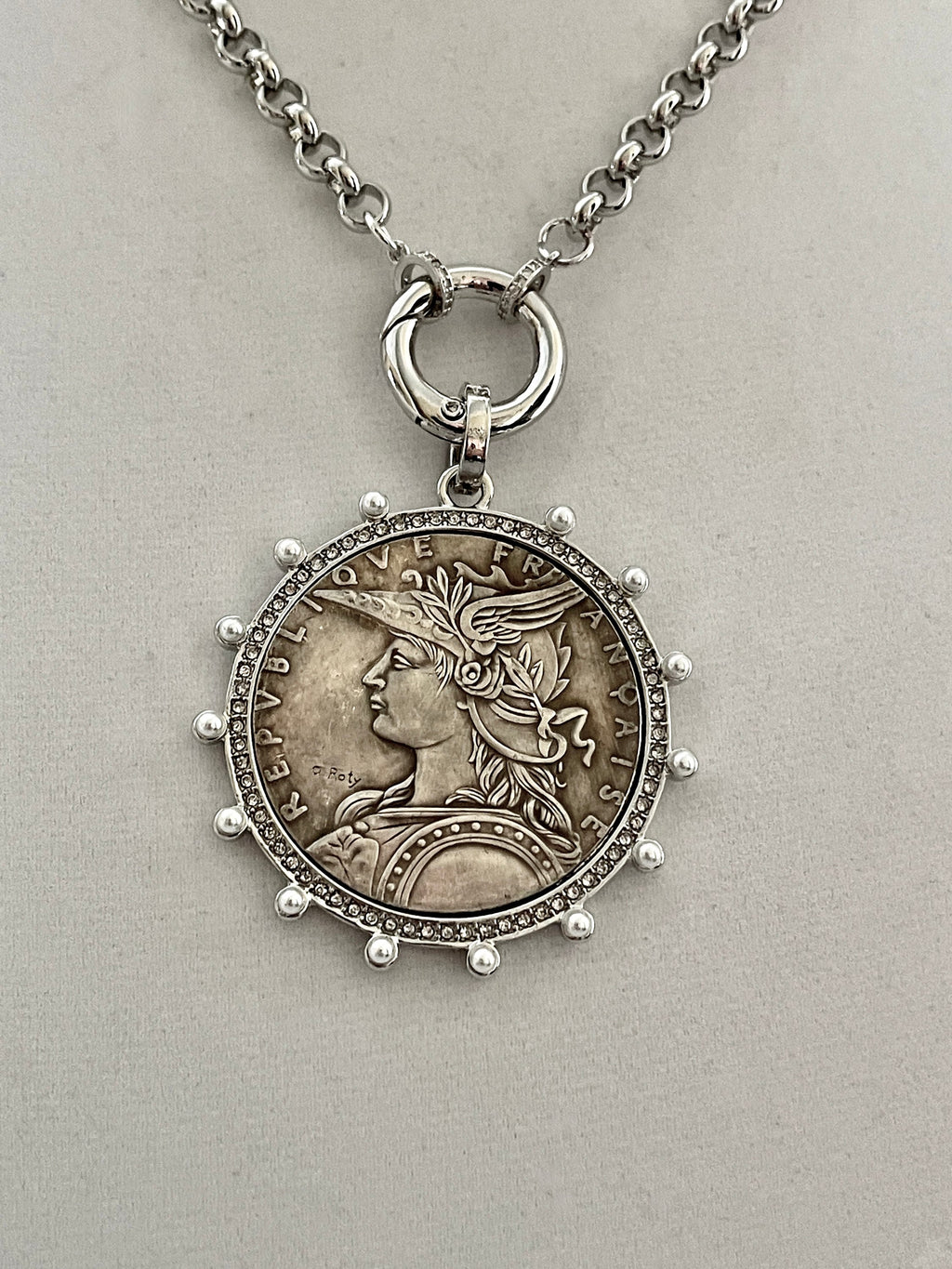Silver Belcher Coin Necklace-Reproduction French Madagascar Medallion-Pearl Bezel Coin Pendant-Spring Lock Clasp