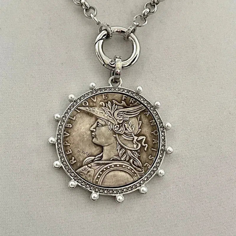 Silver Belcher Coin Necklace-Reproduction French Madagascar Medallion-Pearl Bezel Coin Pendant-Spring Lock Clasp