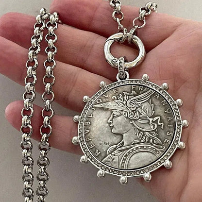 Silver Belcher Coin Necklace-Reproduction French Madagascar Medallion-Pearl Bezel Coin Pendant-Spring Lock Clasp