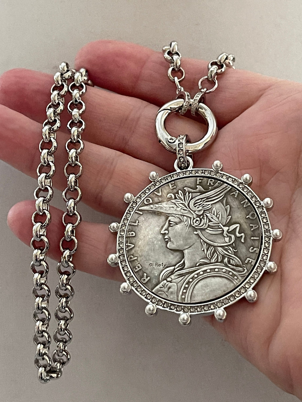 Silver Belcher Coin Necklace-Reproduction French Madagascar Medallion-Pearl Bezel Coin Pendant-Spring Lock Clasp
