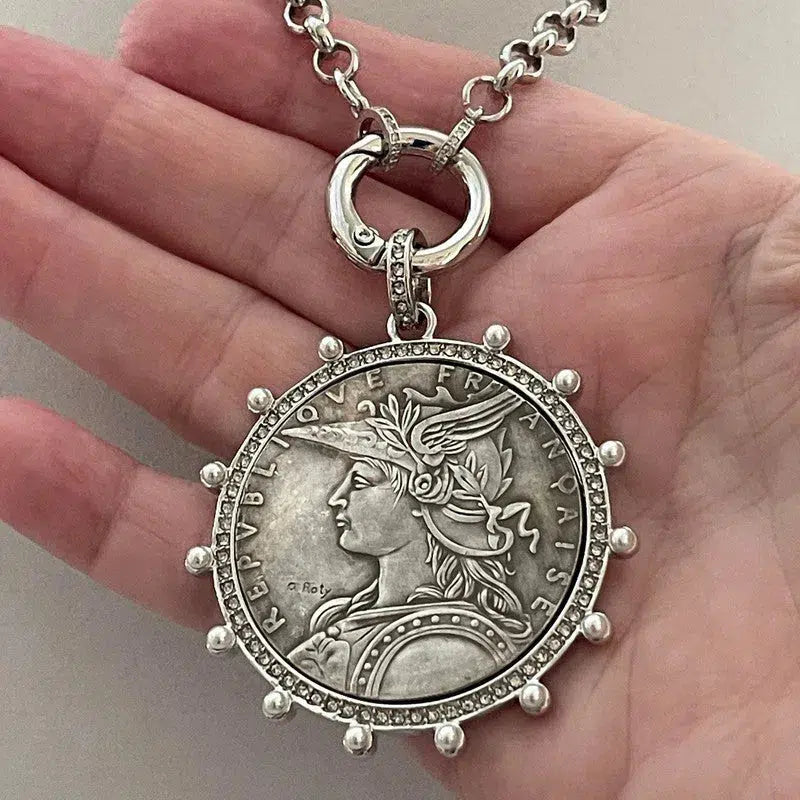 Silver Belcher Coin Necklace-Reproduction French Madagascar Medallion-Pearl Bezel Coin Pendant-Spring Lock Clasp