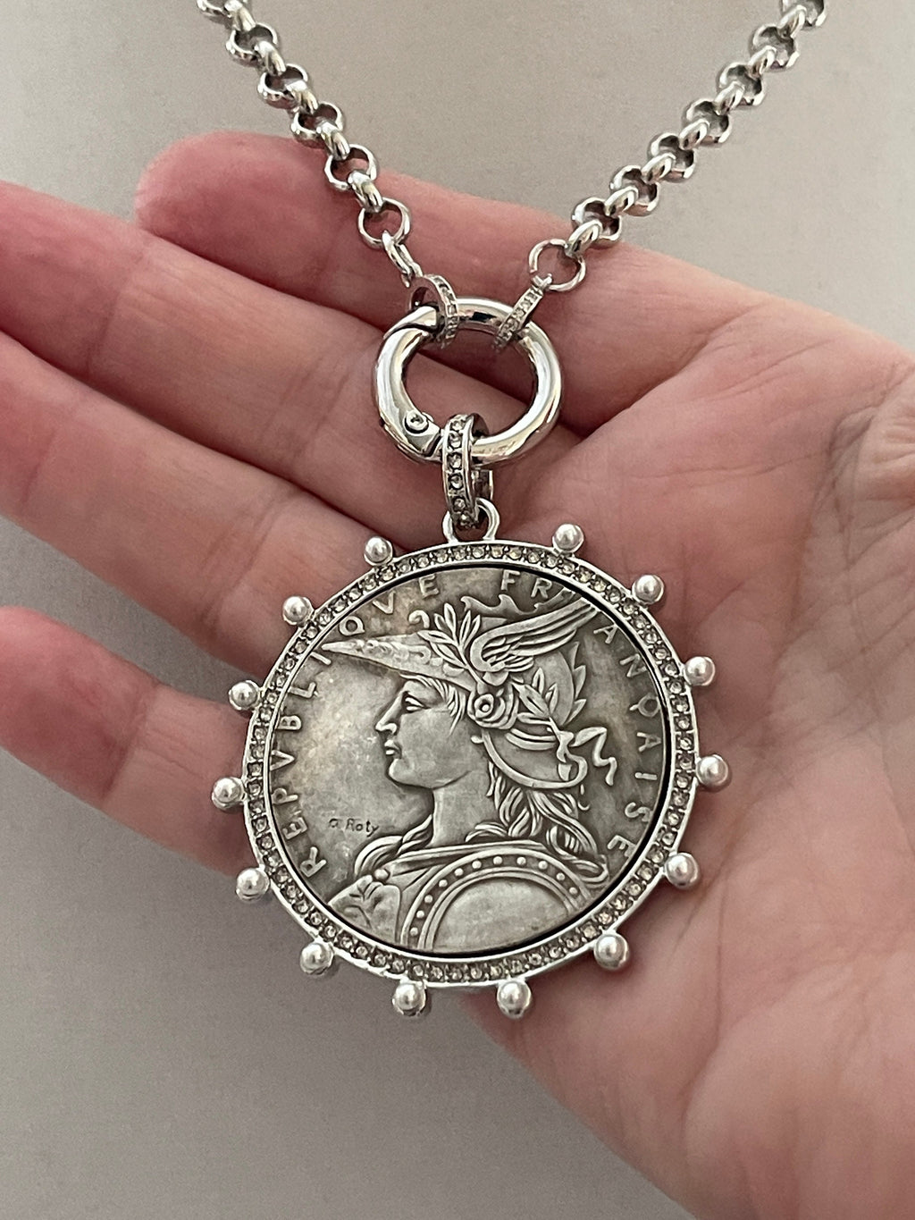 Silver Belcher Coin Necklace-Reproduction French Madagascar Medallion-Pearl Bezel Coin Pendant-Spring Lock Clasp
