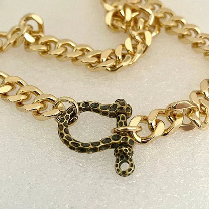 Gold Miami Cuban Necklace-Thick Chunky Chain-Hammered Brass Shackle-Curb Chain-Statement Necklace