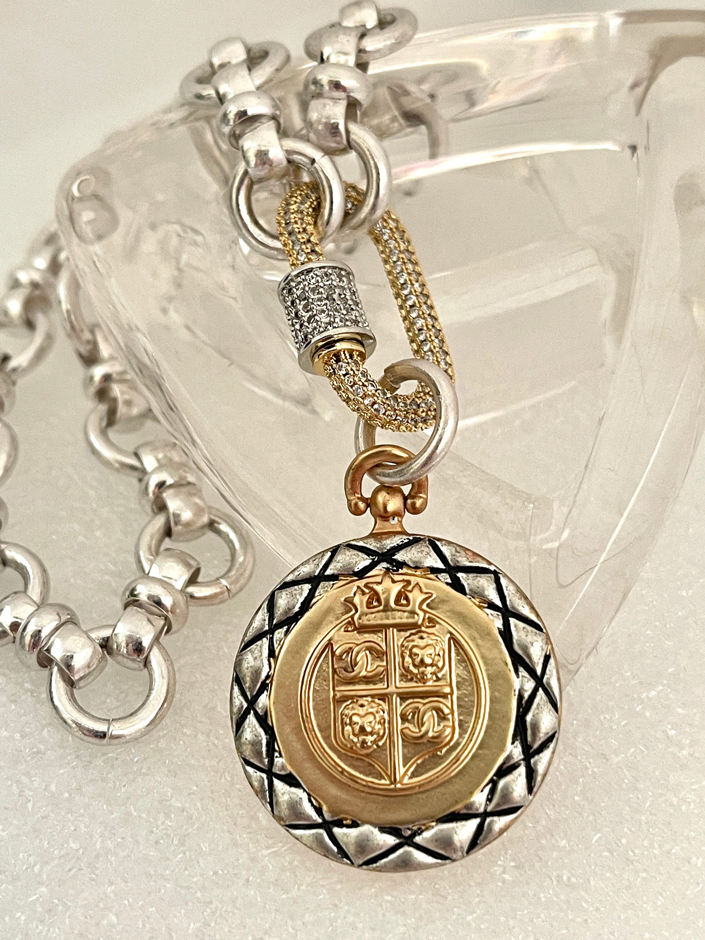 Silver Chain Necklace – French Coin Pendant, Micro Pave Carabiner Clasp
