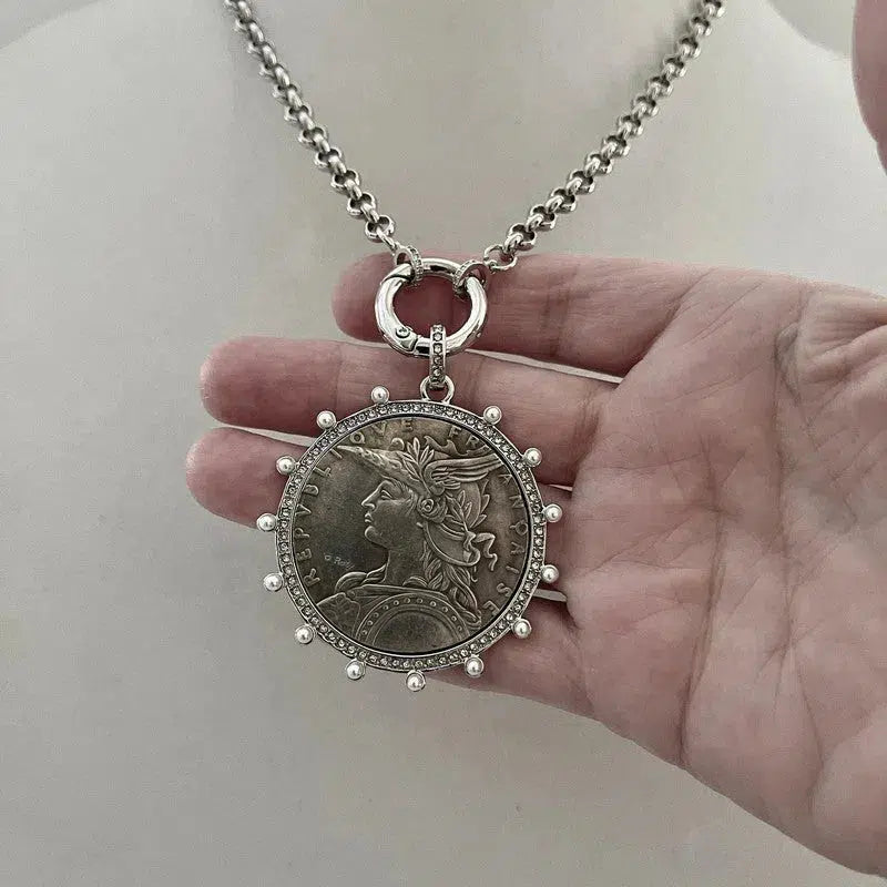 Silver Belcher Coin Necklace-Reproduction French Madagascar Medallion-Pearl Bezel Coin Pendant-Spring Lock Clasp