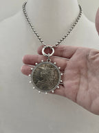 Silver Belcher Coin Necklace-Reproduction French Madagascar Medallion-Pearl Bezel Coin Pendant-Spring Lock Clasp