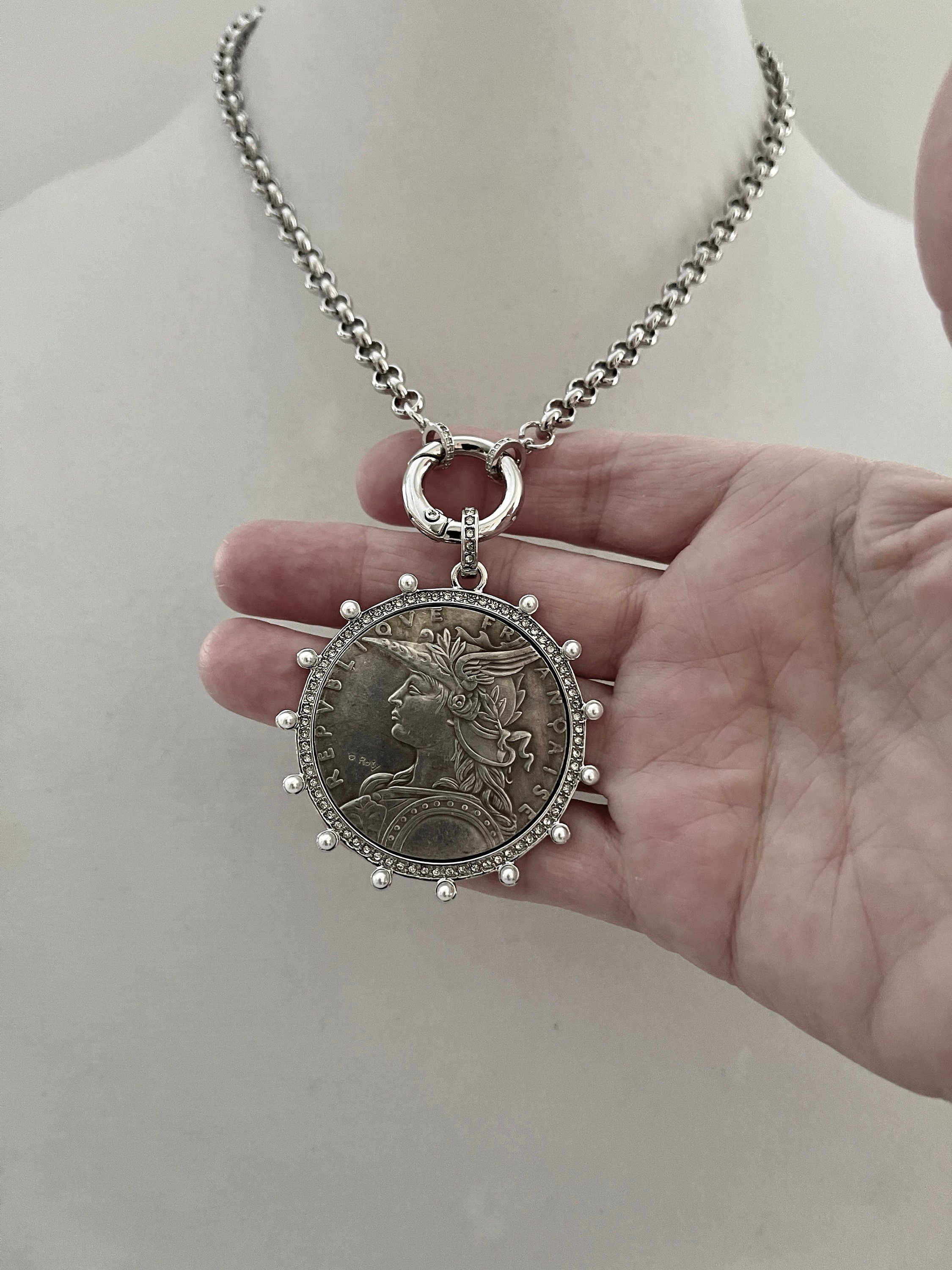 Silver Belcher Coin Necklace-Reproduction French Madagascar Medallion-Pearl Bezel Coin Pendant-Spring Lock Clasp