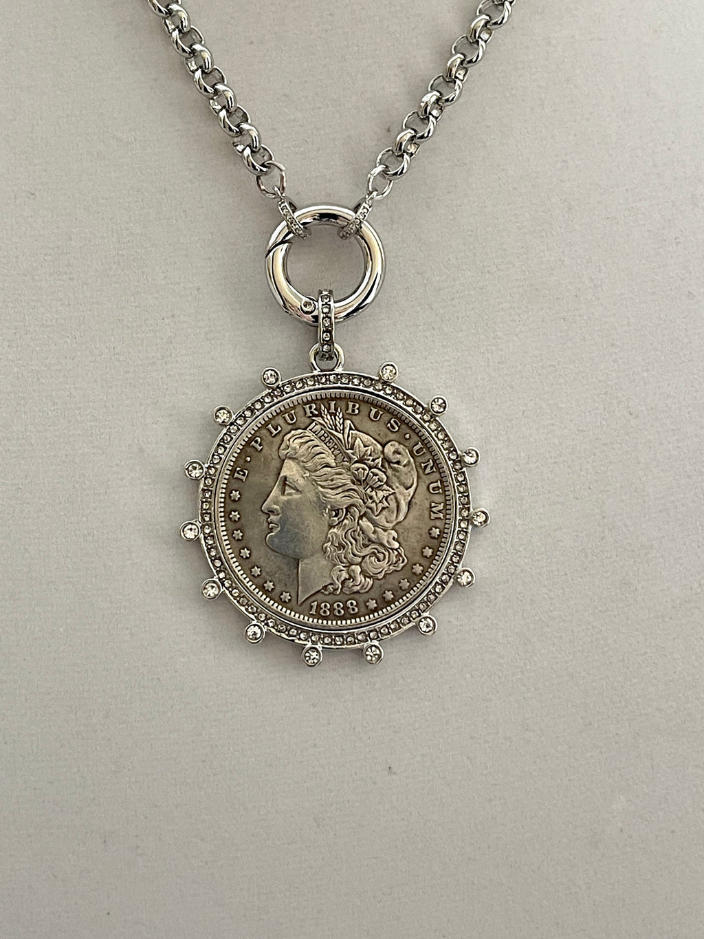 Vintage Coin Pendant Necklace – Art Deco Reproduction, CZ Bezel