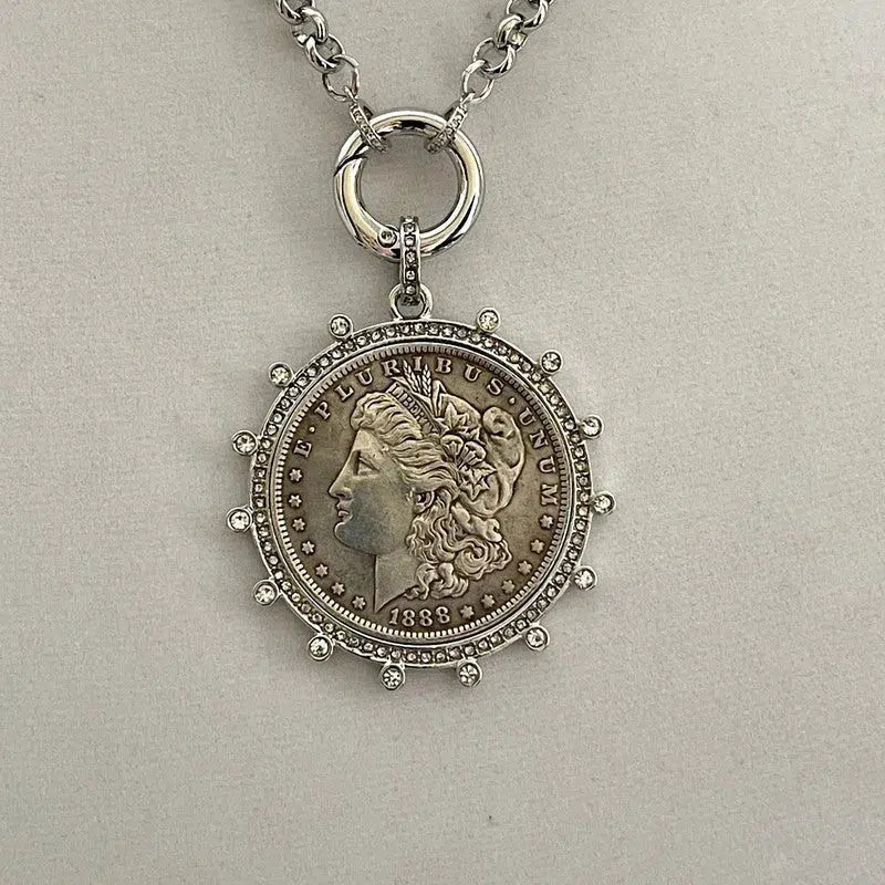 Silver Reproduction Coin Necklace-Belcher Rolo Chain Necklace-Morgan Peace Dollar-Cubic Zirconia Bezel-Spring Lock Clasp-Art Deco