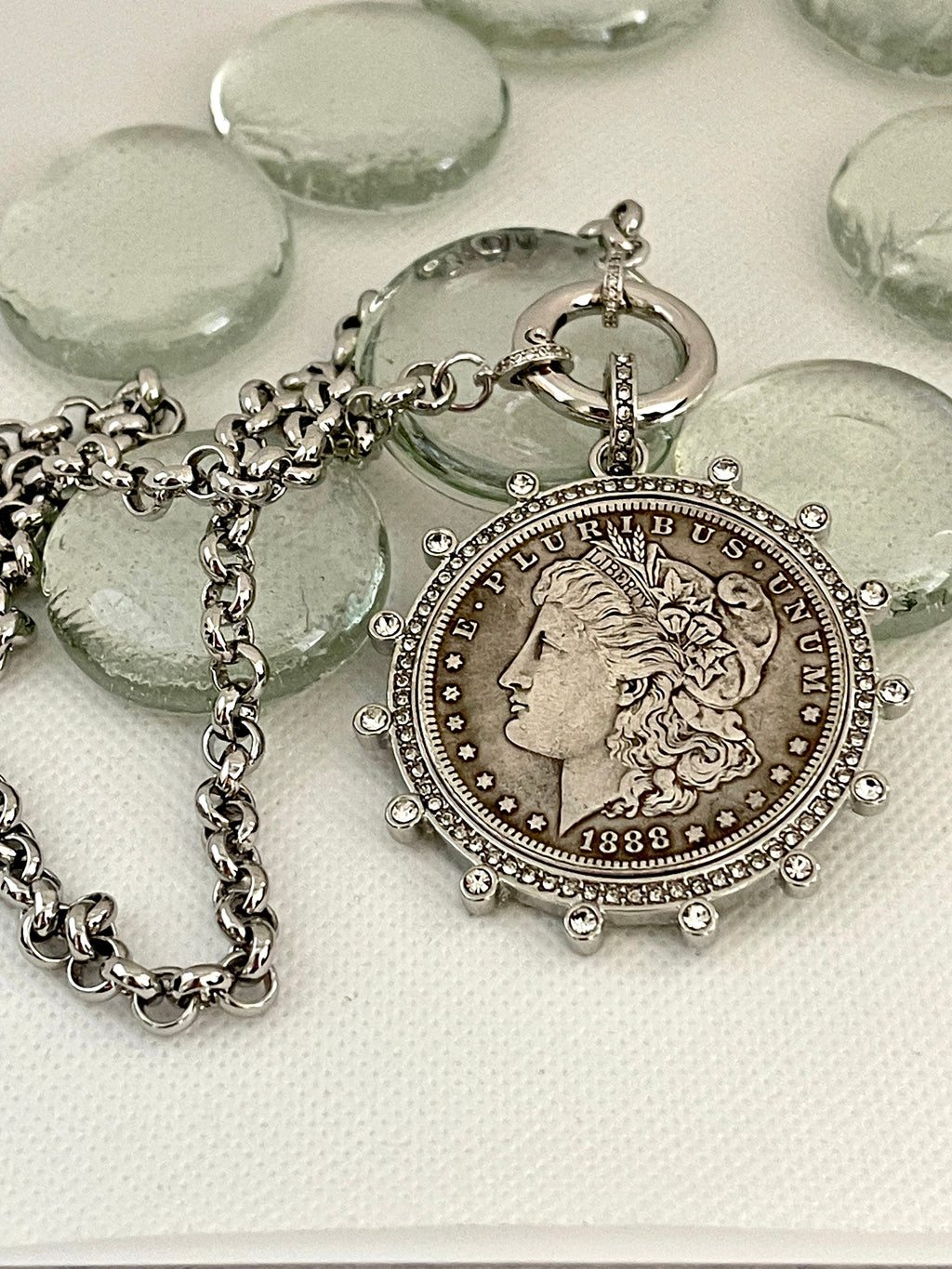 Vintage Coin Pendant Necklace – Art Deco Reproduction, CZ Bezel