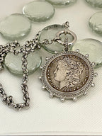 Vintage Coin Pendant Necklace – Art Deco Reproduction, CZ Bezel