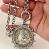 Silver Reproduction Coin Necklace-Belcher Rolo Chain Necklace-Morgan Peace Dollar-Cubic Zirconia Bezel-Spring Lock Clasp-Art Deco