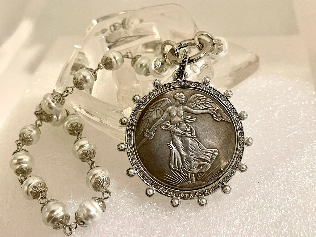 Silver Vintage Coin Necklace-Porcelain Pearl Chain Necklace-Reproduction Coin Pendant-Pearl and Cubic Zirconia Bezel Coin-Spring Lock Clasp