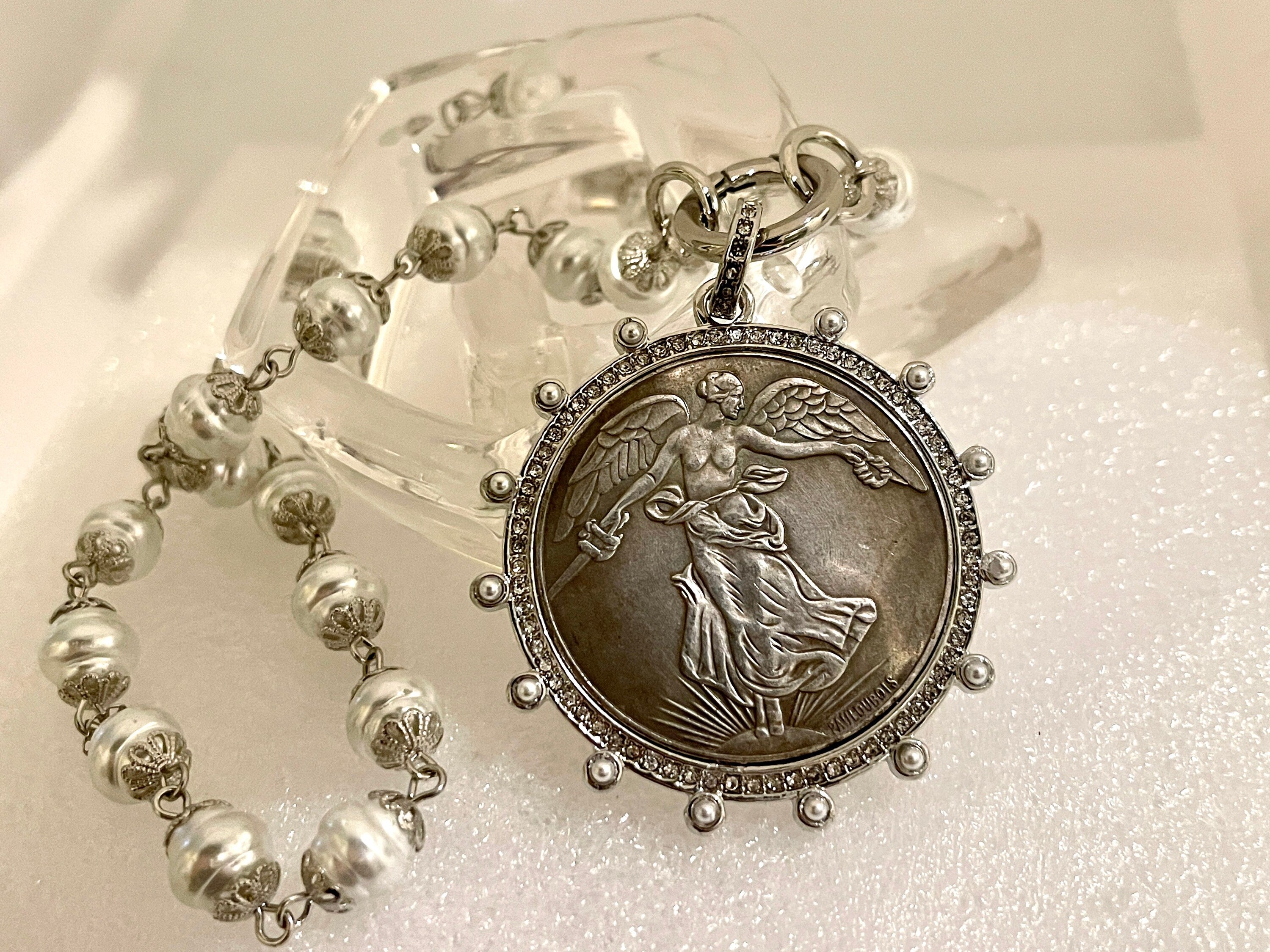Silver Vintage Coin Necklace-Porcelain Pearl Chain Necklace-Reproduction Coin Pendant-Pearl and Cubic Zirconia Bezel Coin-Spring Lock Clasp