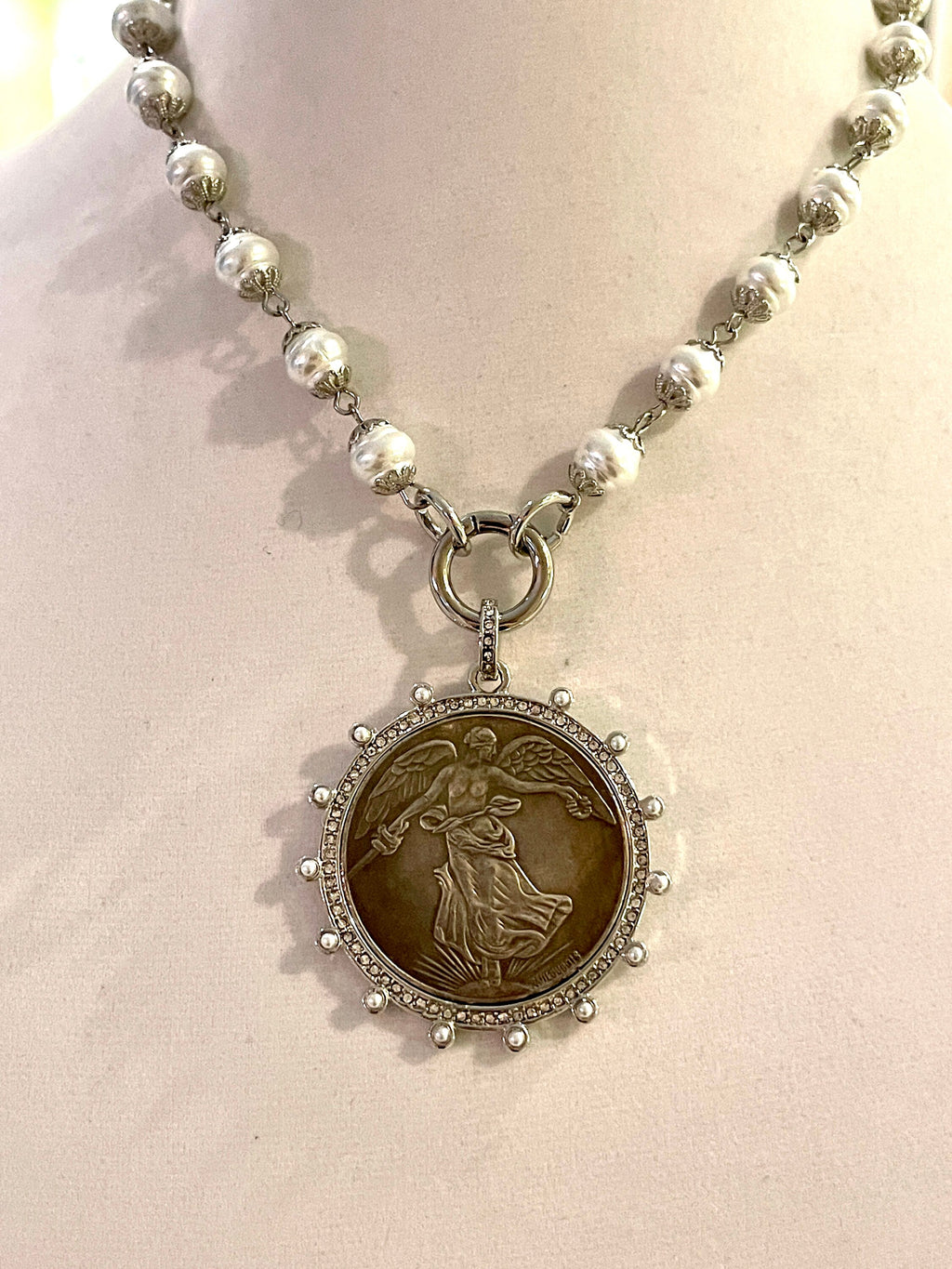 Silver Vintage Coin Necklace-Porcelain Pearl Chain Necklace-Reproduction Coin Pendant-Pearl and Cubic Zirconia Bezel Coin-Spring Lock Clasp