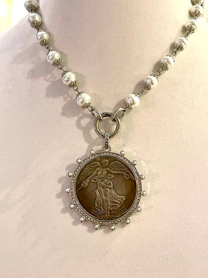 Silver Vintage Coin Necklace-Porcelain Pearl Chain-Pearl and Zirconia