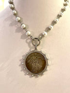 Vintage Coin Pendant Necklace: Porcelain Pearl Chain, CZ Bezel