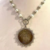Silver Vintage Coin Necklace-Porcelain Pearl Chain Necklace-Reproduction Coin Pendant-Pearl and Cubic Zirconia Bezel Coin-Spring Lock Clasp