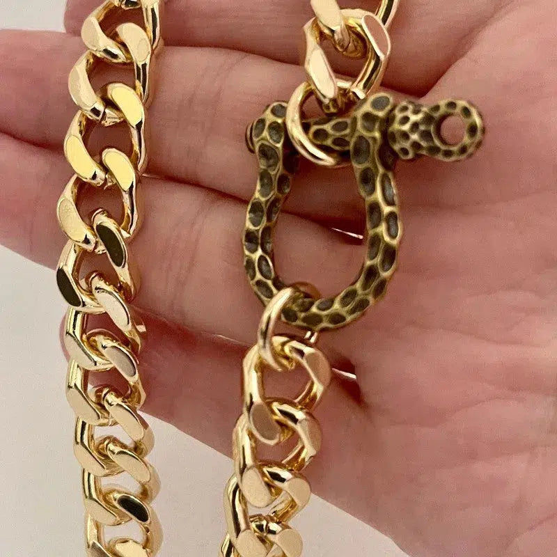 Gold Miami Cuban Necklace-Thick Chunky Chain-Hammered Brass Shackle-Curb Chain-Statement Necklace