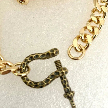 Gold Miami Cuban Necklace-Thick Chunky Chain-Hammered Brass Shackle-Curb Chain-Statement Necklace