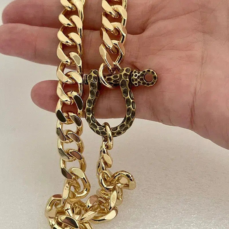 Gold Miami Cuban Necklace-Thick Chunky Chain-Hammered Brass Shackle-Curb Chain-Statement Necklace