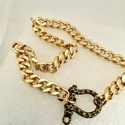 Gold Miami Cuban Necklace-Thick Chunky Chain-Hammered Brass Shackle-Curb Chain-Statement Necklace