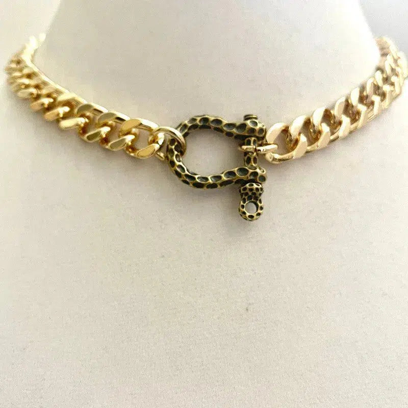 Gold Miami Cuban Necklace-Thick Chunky Chain-Hammered Brass Shackle-Curb Chain-Statement Necklace