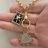 Gold Chain Necklace-Belcher Rolo Chain-Hand Clasped ring-CZ Heart Charm-Coat of Arms Charm--Adjustable Length-Charms-Lobster Closure
